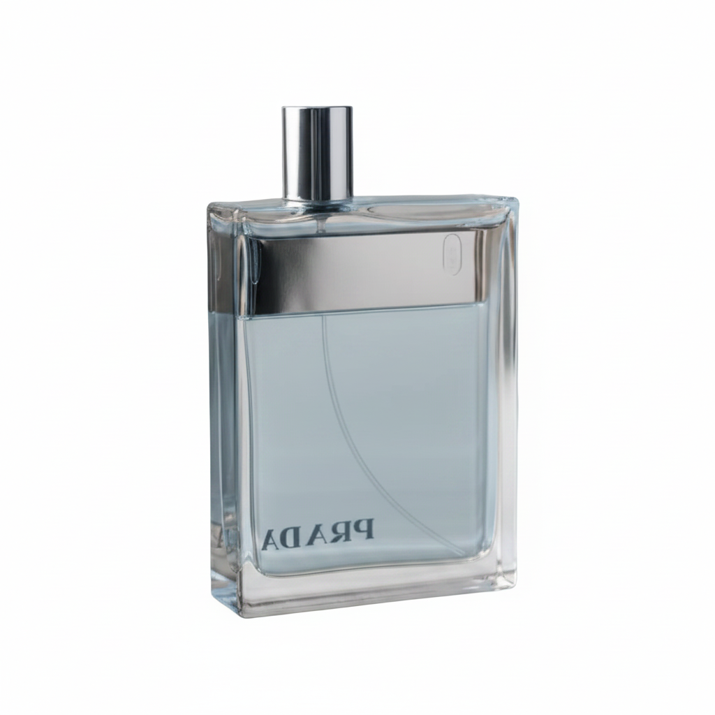 Clear Prada perfume bottle on a white background