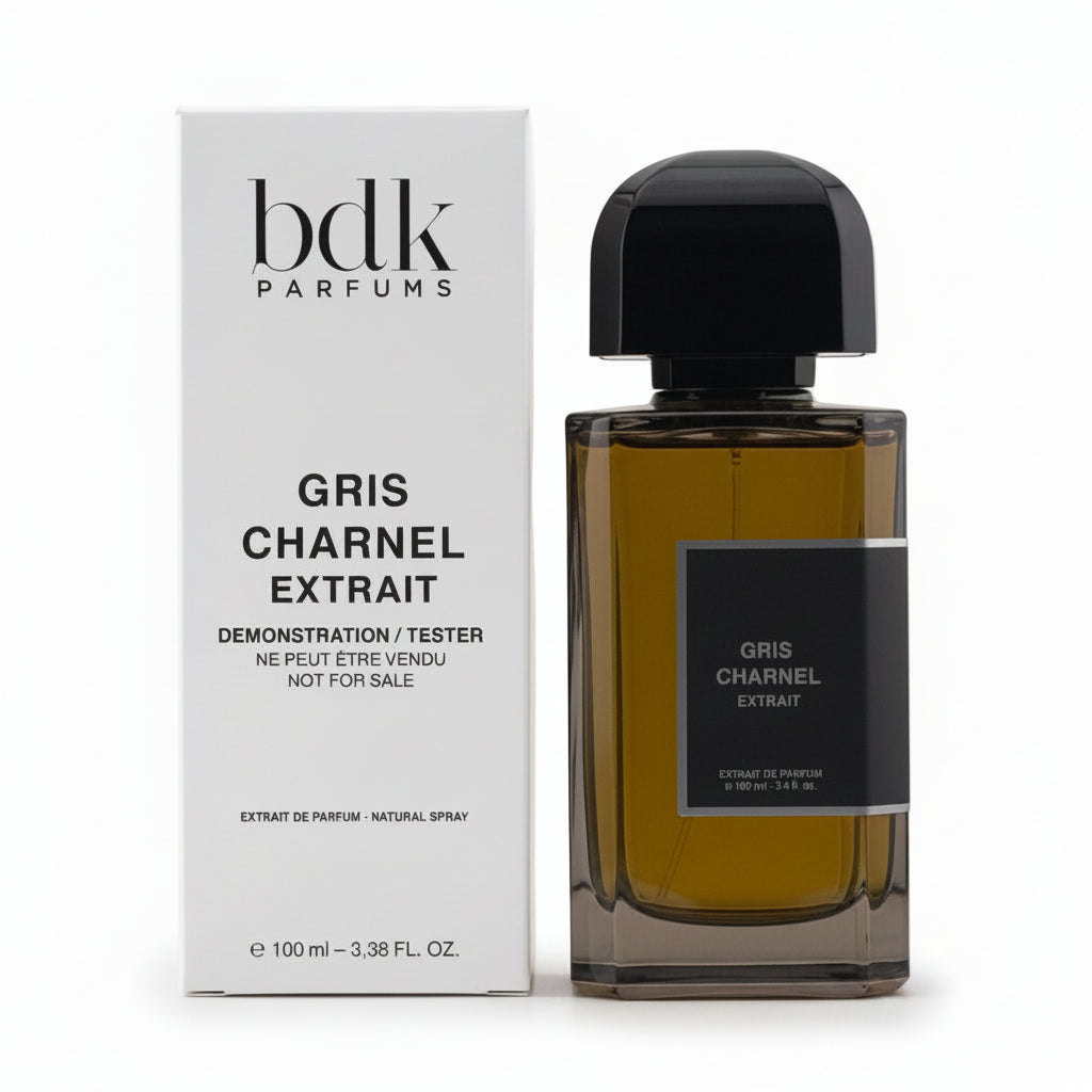 Bottle and box of bdk Parfums Gris Charnel Extrait on a white background