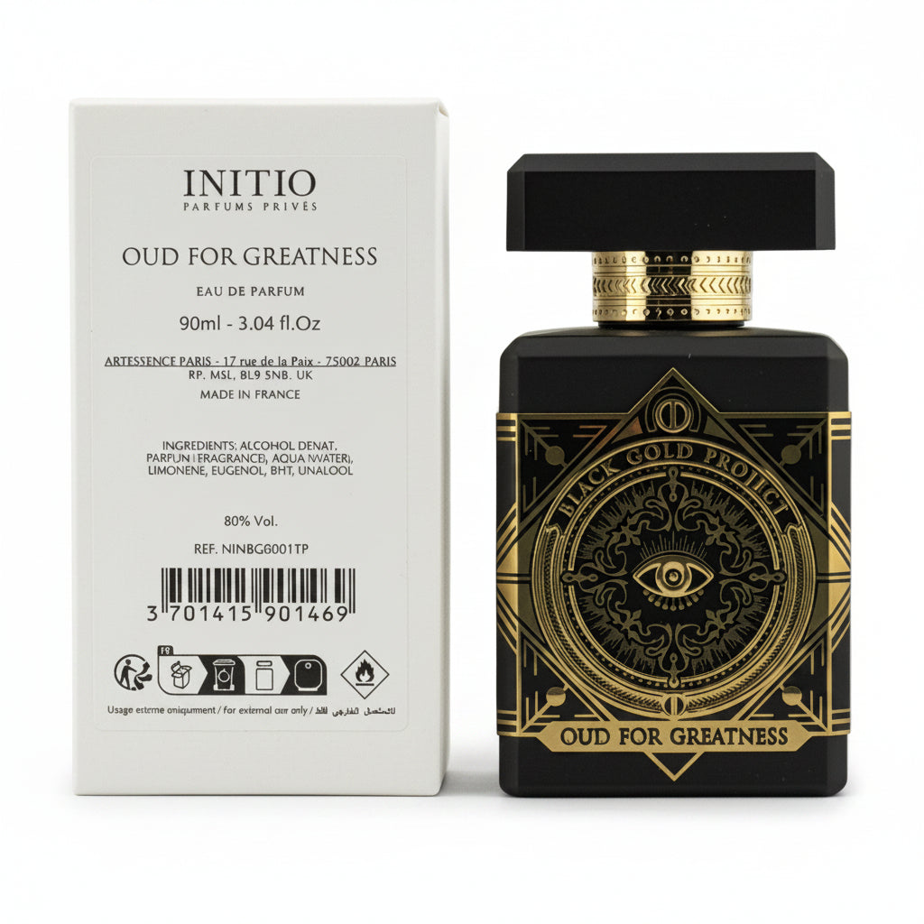 Black and gold perfume bottle with packaging labeled 'Initio Oud for Greatness' on a light gray background
