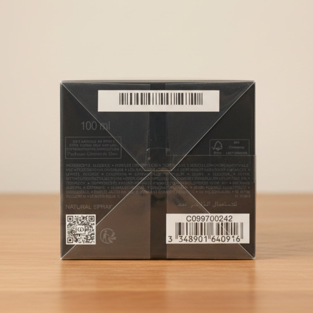Back view of a product packaging with barcodes and text on a white background