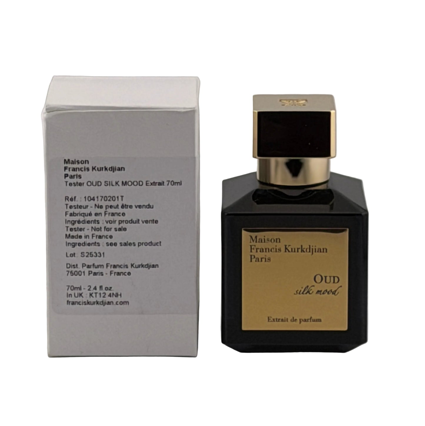 Maison Francis Kurkdjian Paris Oud Silk Mood Extrait de Parfum bottle with its grey packaging box, shown on a white background.