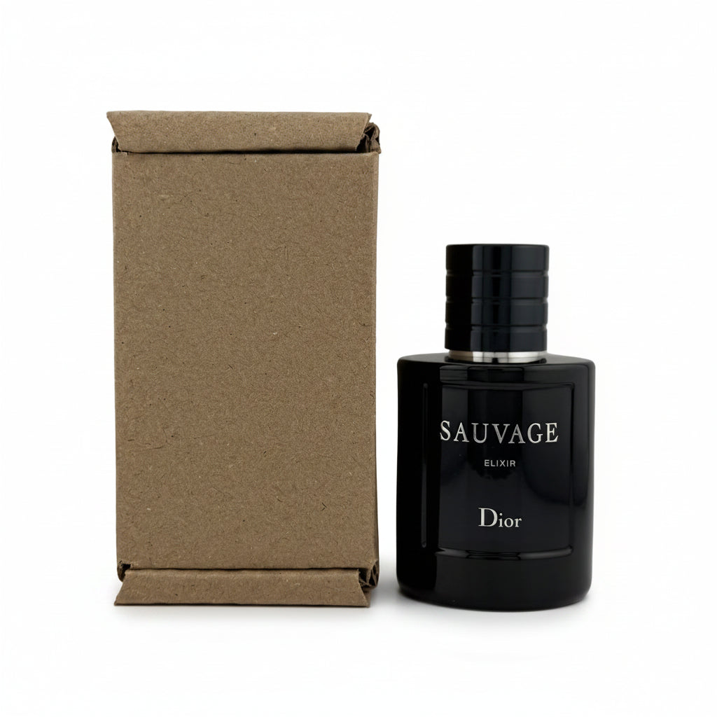 Dior Sauvage Elixir fragrance bottle in black glass next to its brown cardboard box, shown on a plain white background.