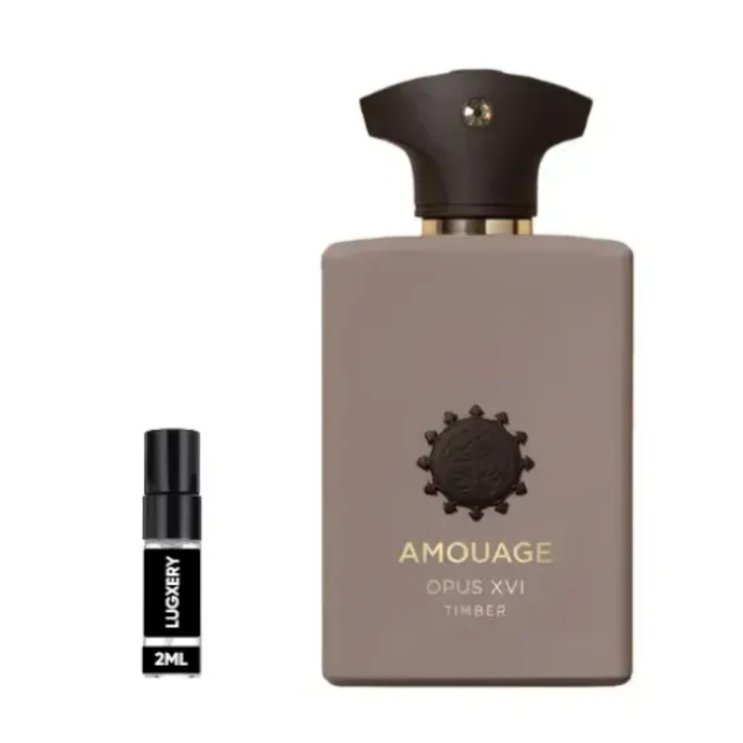 Amouage Opus XVI Timber perfume bottle with a smaller Luckery bottle on a white background