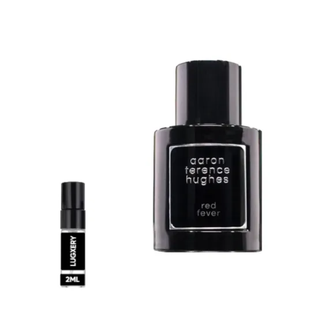 Black perfume bottle with 'aaron terence hughes' branding on a white background
