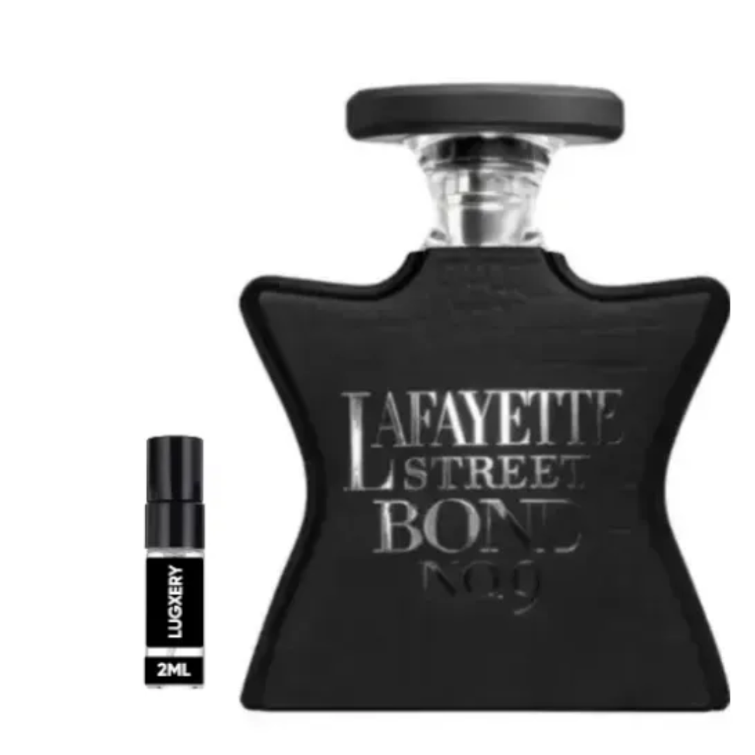 A bottle of Bond No. 9 fragrance with a black bottle and silver lettering, shown next to a small 2ml travel spray vial labeled Luxery on a white background.