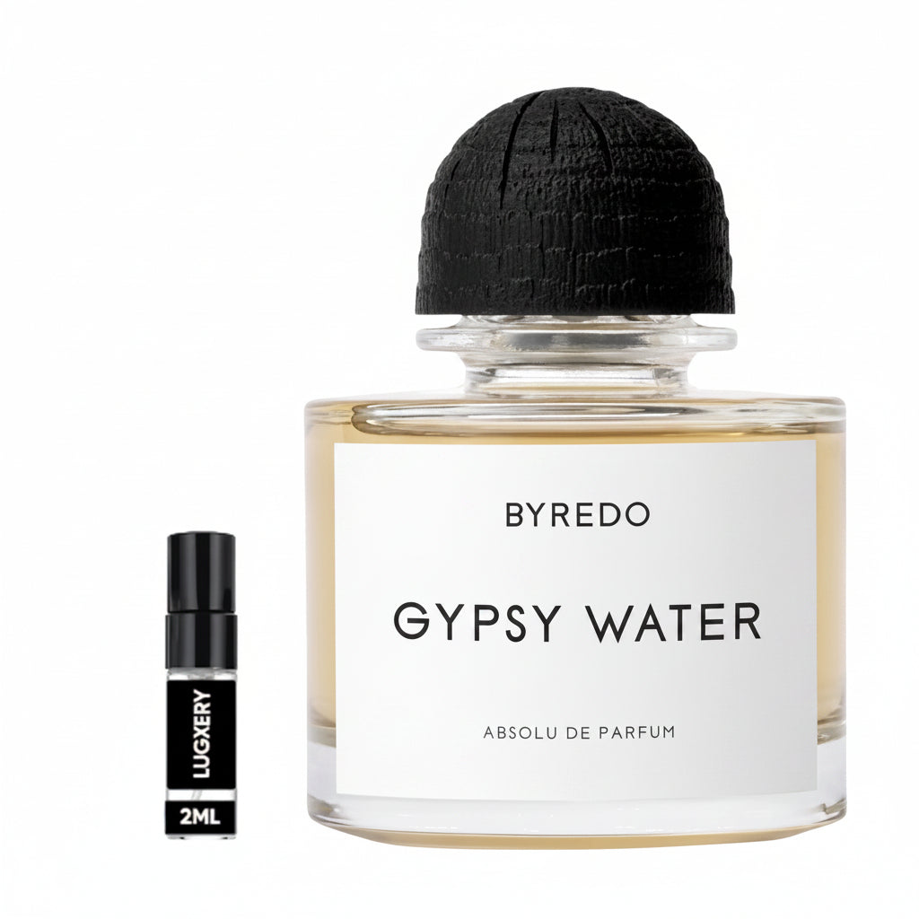 Byredo Gypsy Water perfume bottle with a smaller sample bottle on a white background