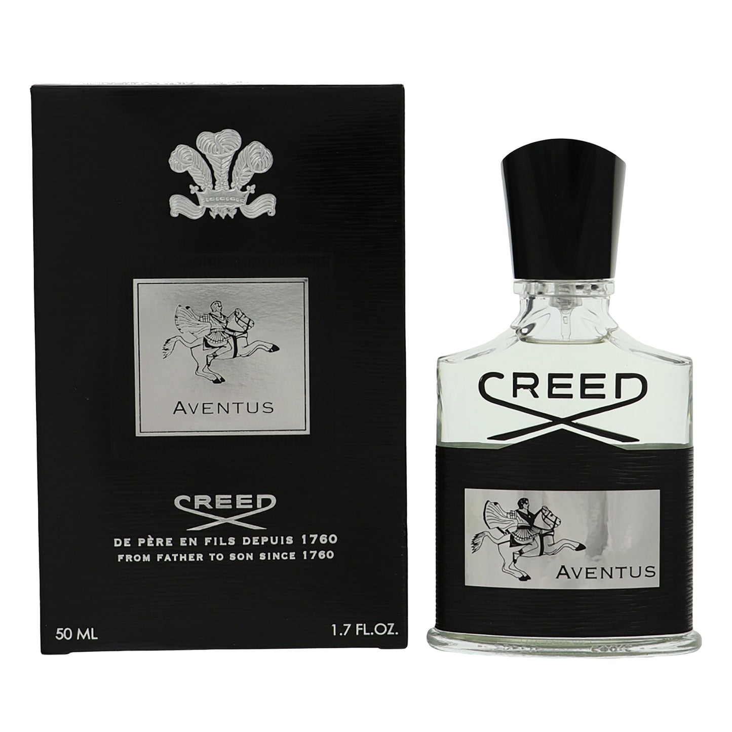 Creed Aventus perfume bottle and packaging on a white background
