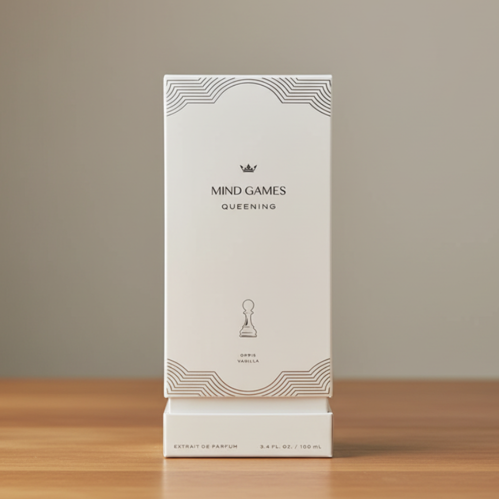 Perfume packaging with 'Mind Games Queening' branding on a white background