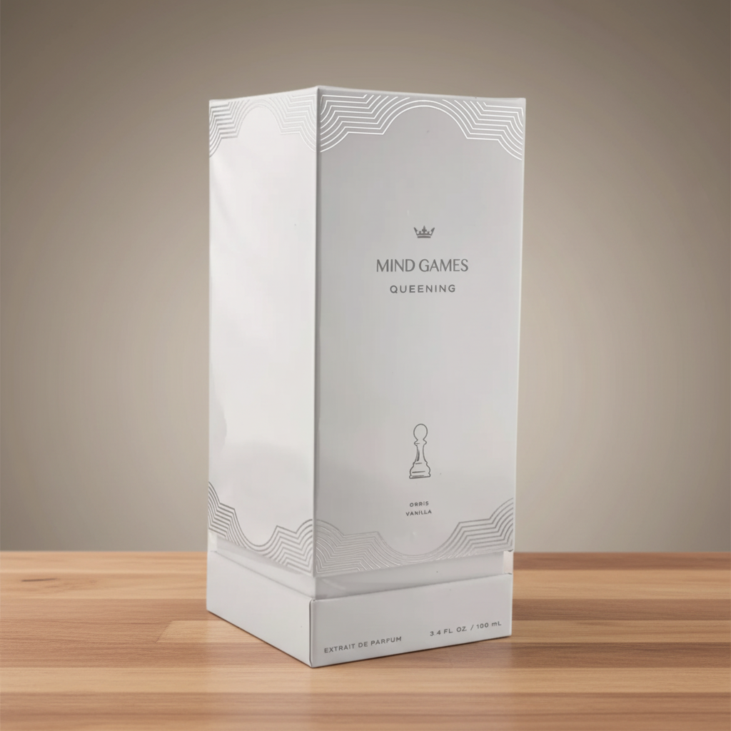 White packaging box with 'MIND GAMES QUEENING' branding on a white background