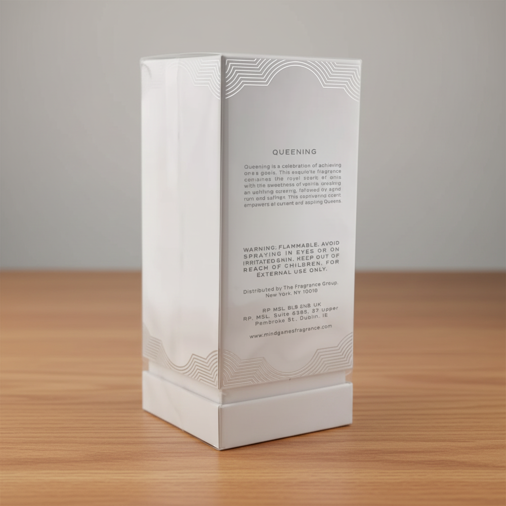 Mind Games Queening. White packaging box with text on a white background