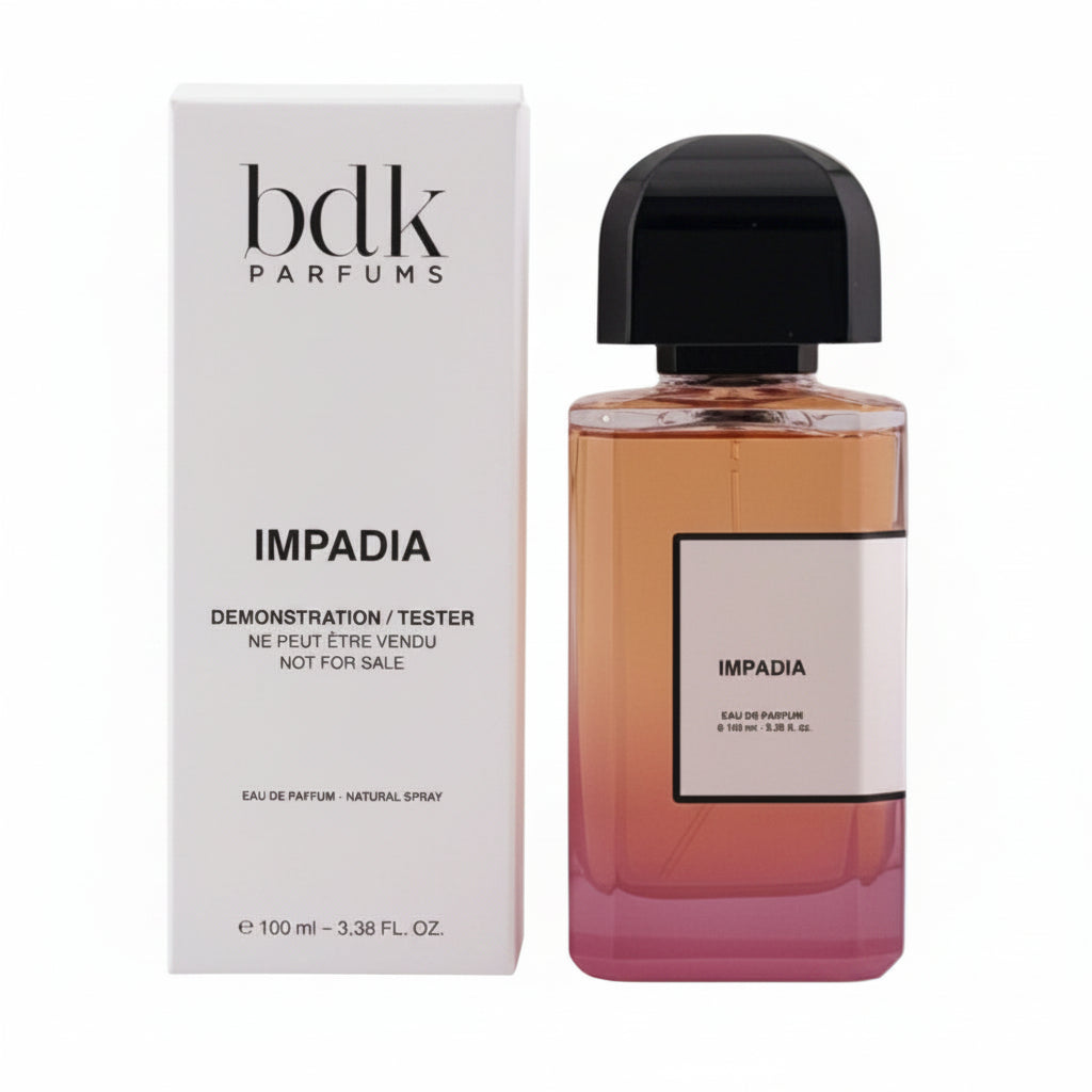 Bottle and box of bdk Parfums Impadia perfume on a white background