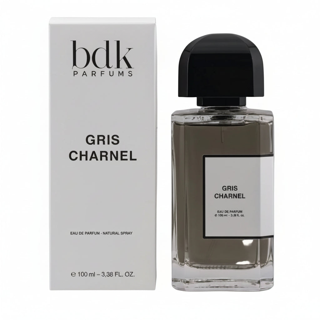 Bdlk Parfums Gris Charnel perfume bottle and packaging on a gray background