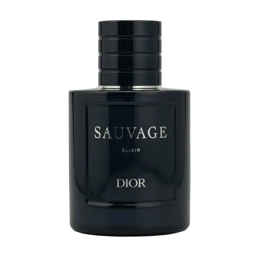 Black Dior Sauvage Elixir perfume bottle on a light gray background