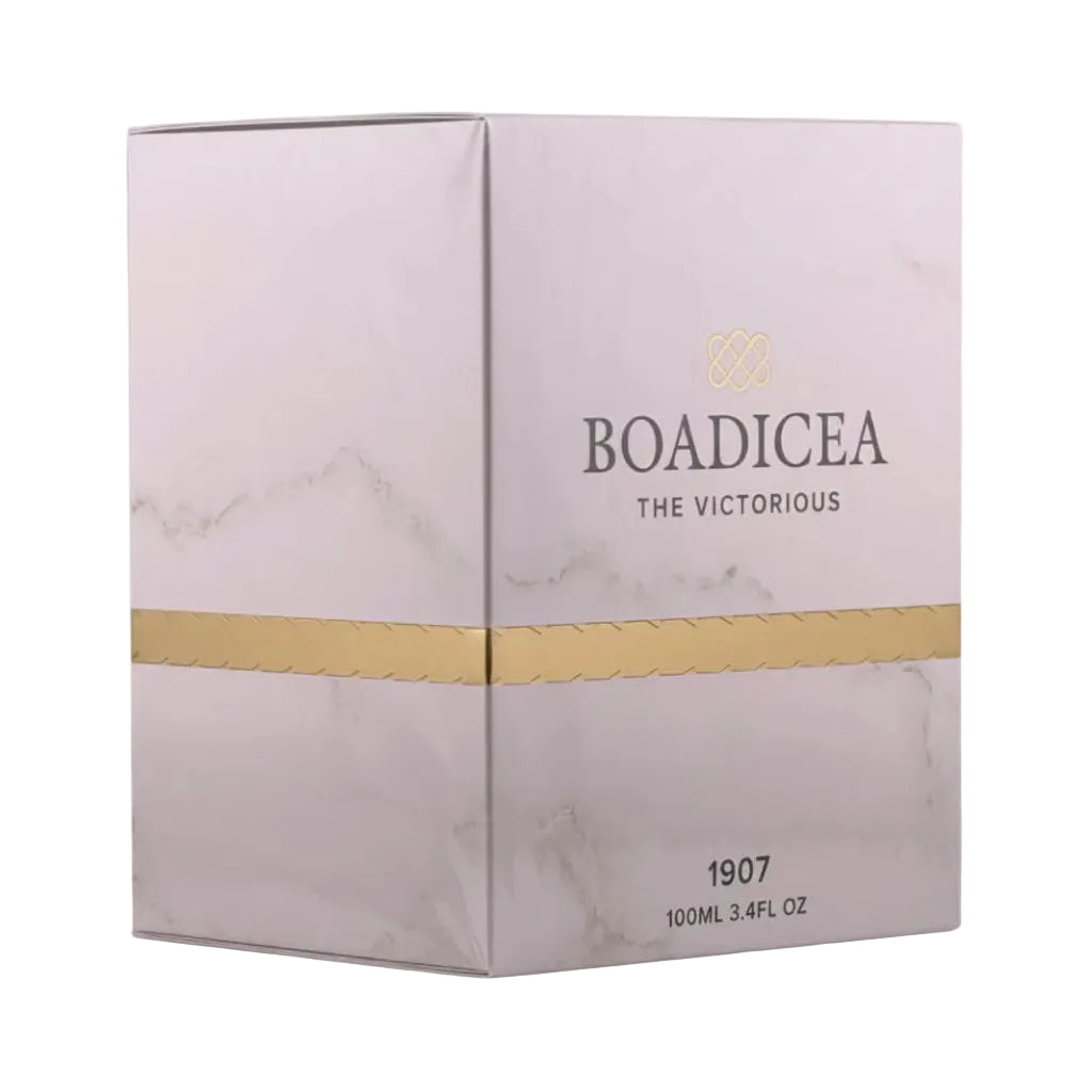 Boadicea The Victorious product packaging with marble design and gold accents.