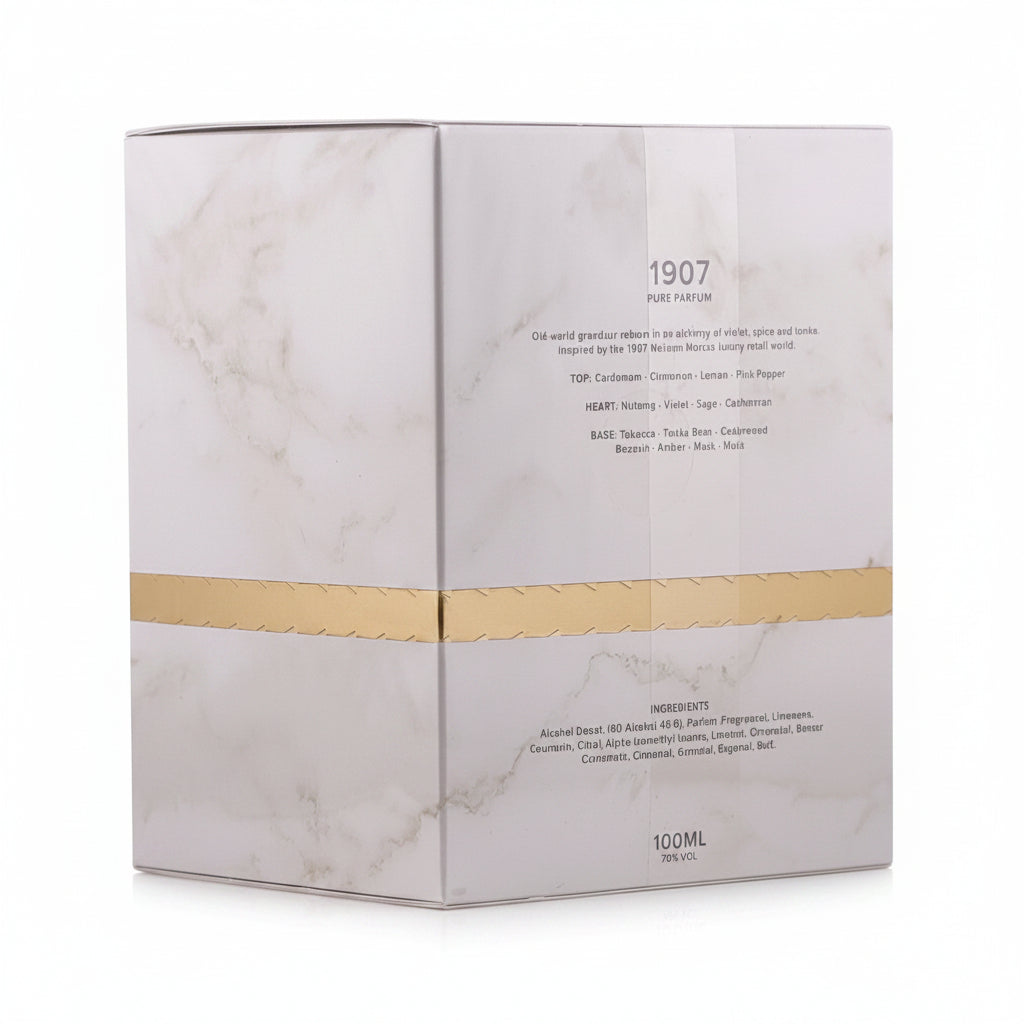 Marble-textured perfume box with gold band and product details on a light gray background
