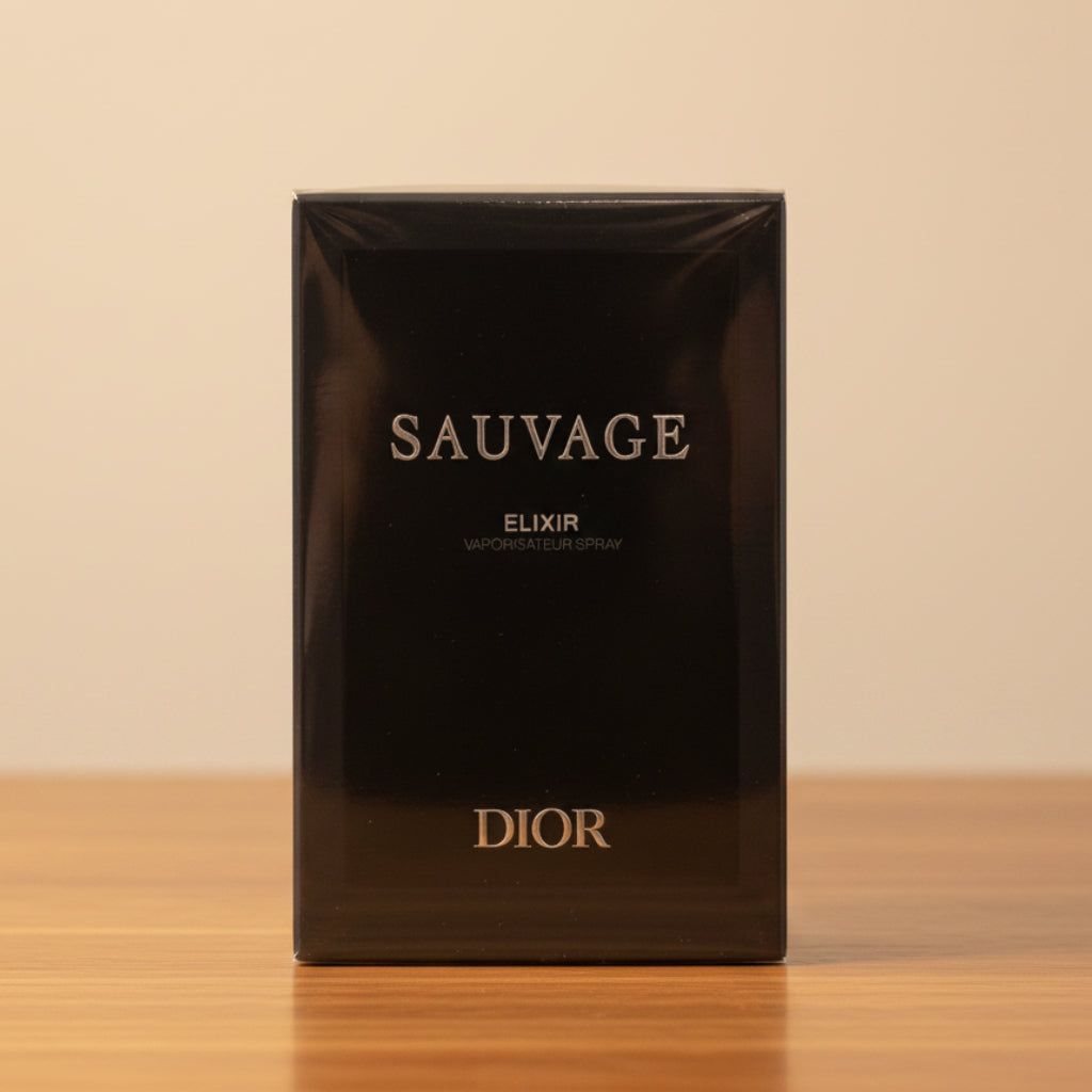 Black Dior Sauvage Elixir packaging on a light gray background