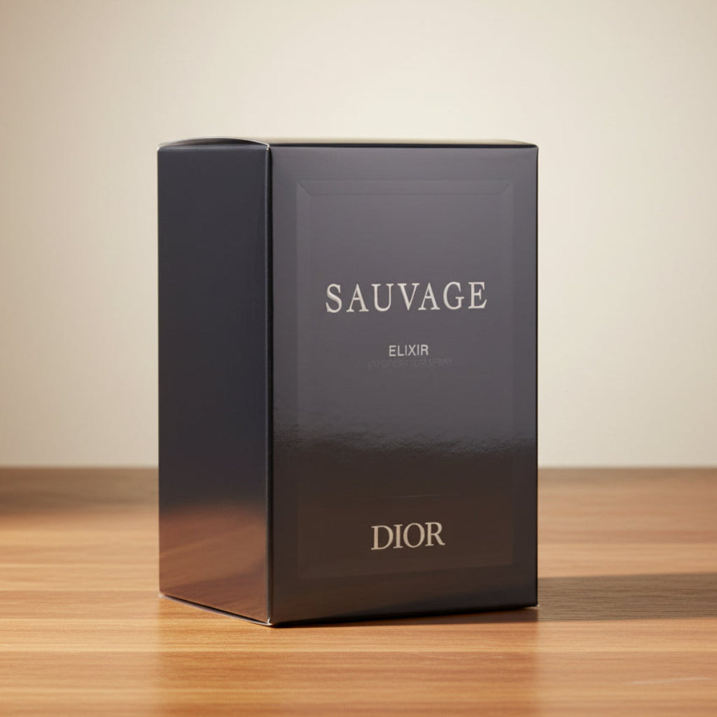 Dior Sauvage Elixir packaging on a wooden surface with a beige background