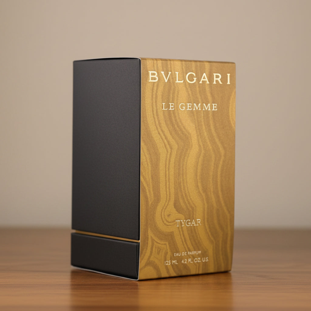 Bvlgari Le Gemme Tygar perfume packaging on a light gray background