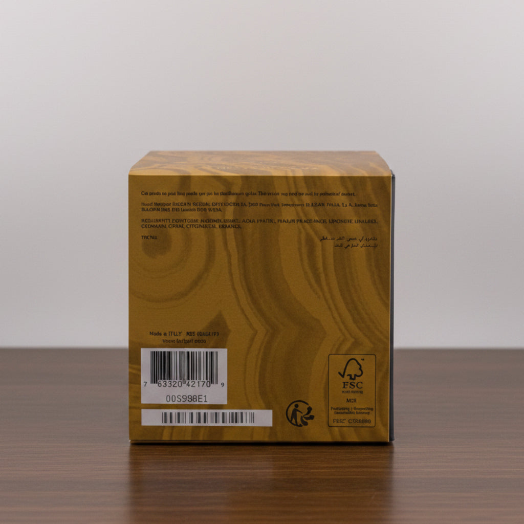 Bvlgari Tygar Wooden box with a barcode and certification logo on a white background