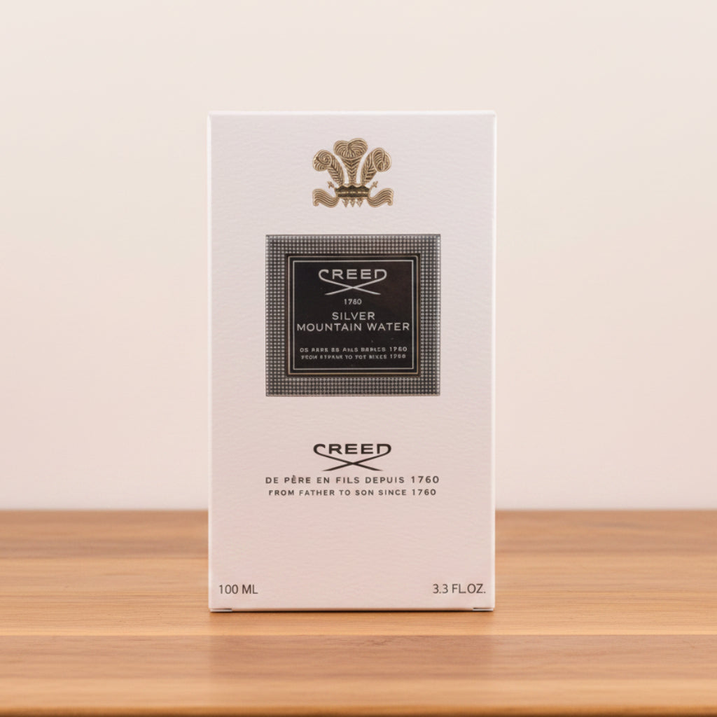 Silver Mountain Water. Creed men's cologne packaging with brand logo and product details.