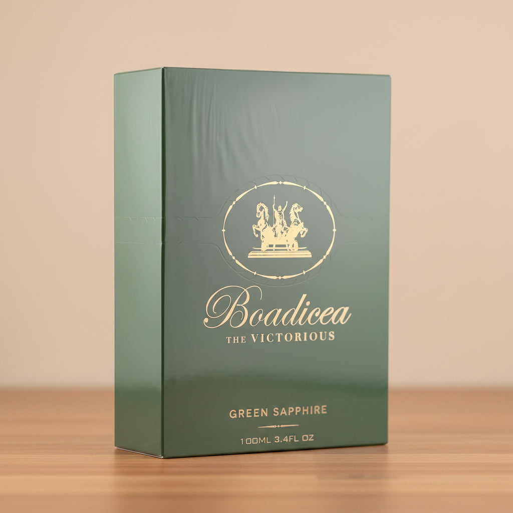 Green Sapphire. Green packaging box with 'Boadicea the Victorious' branding on a white background