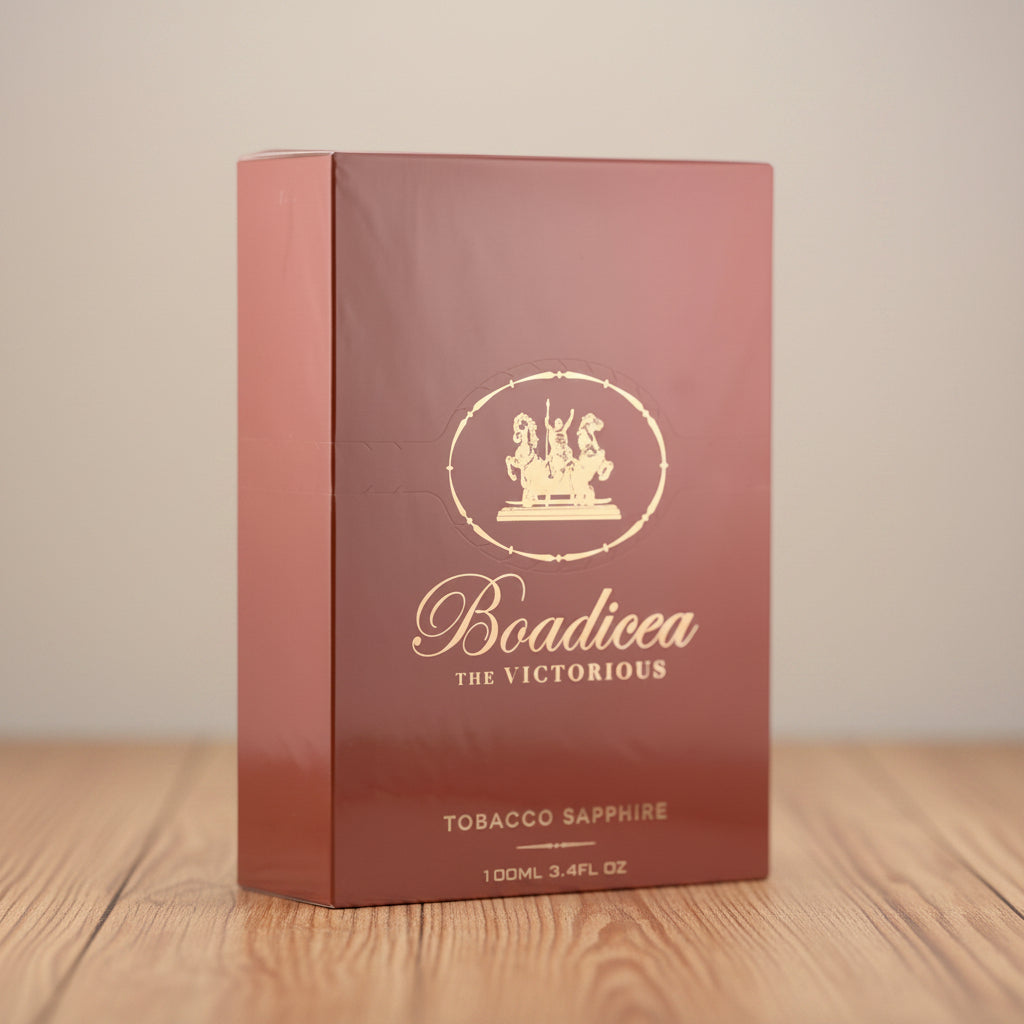 Tobacco Sapphire Boadicea. Brown packaging with gold logo and text on a white background