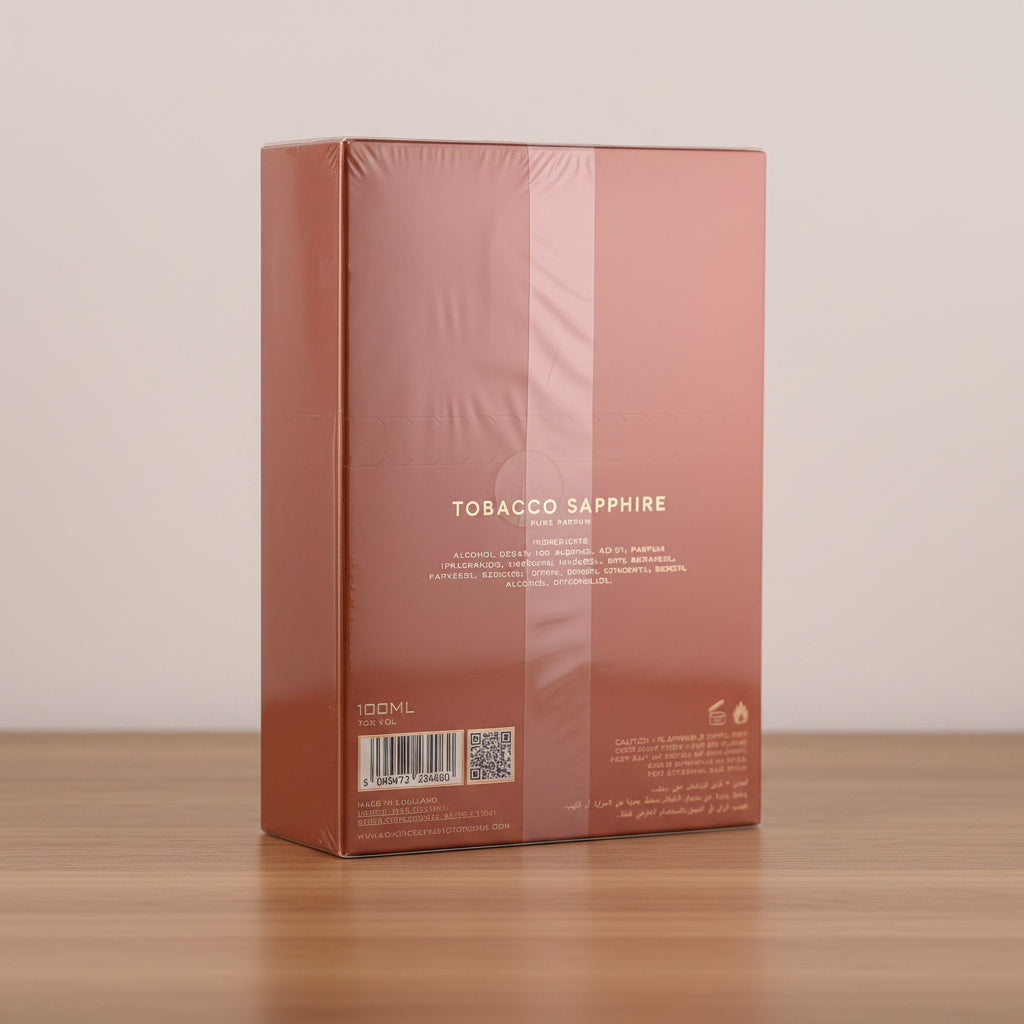 Tobacco Sapphire product packaging with brown and white design on a light gray background