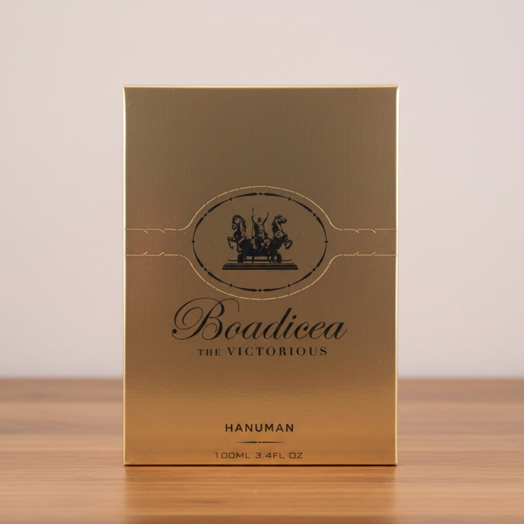 Hanuman. Gold packaging with 'Boadicea The Victorious' branding on a white background