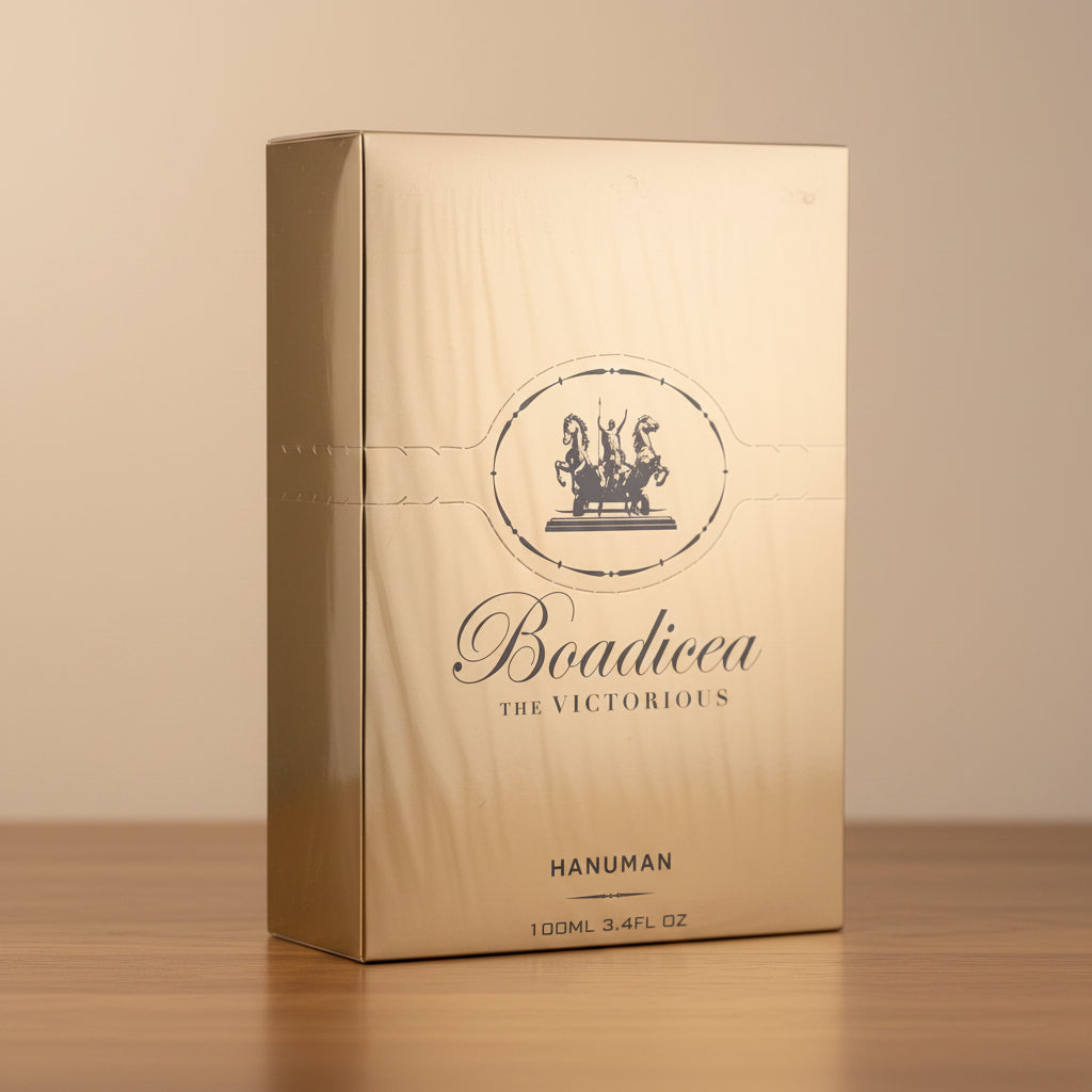 Hanuman. Gold packaging box with 'Boadicea the Victorious' branding on a gray background