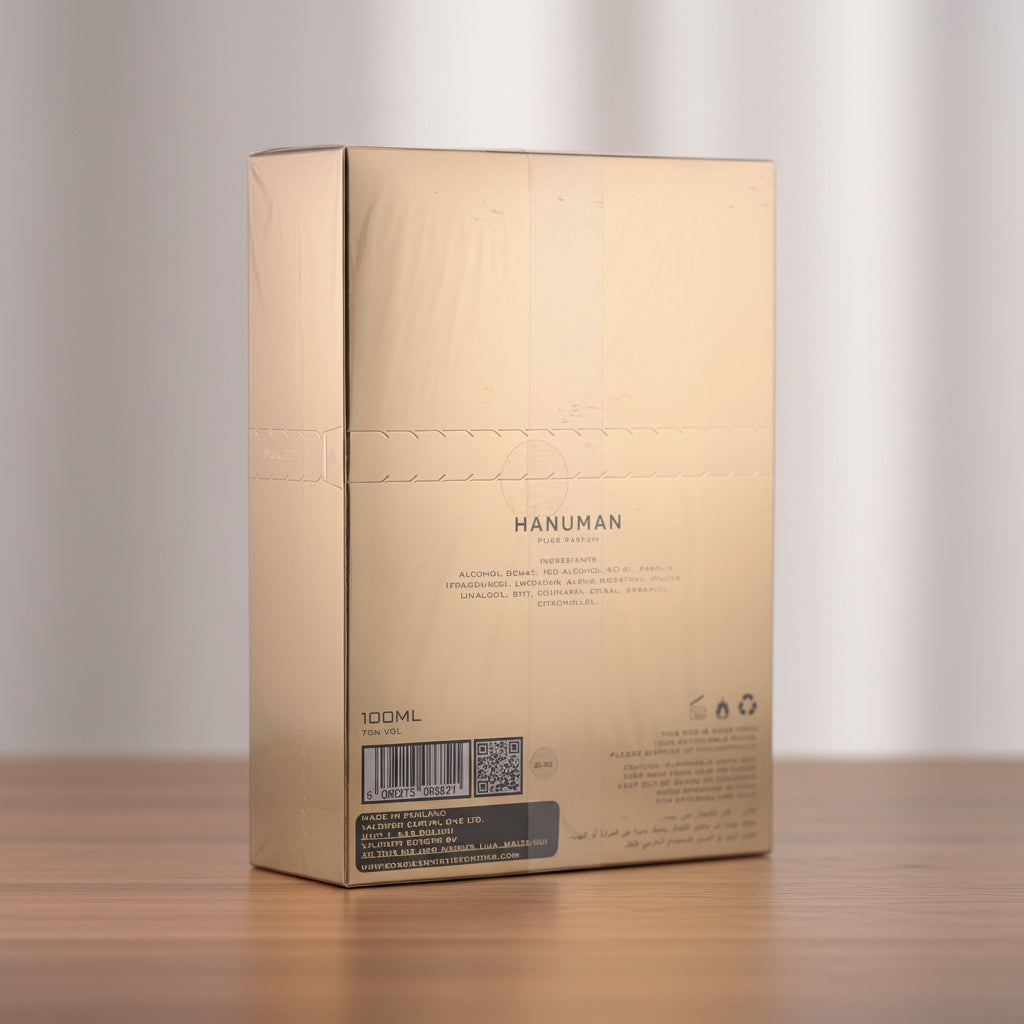 Gold packaging box with 'Hanuman' branding on a gray background
