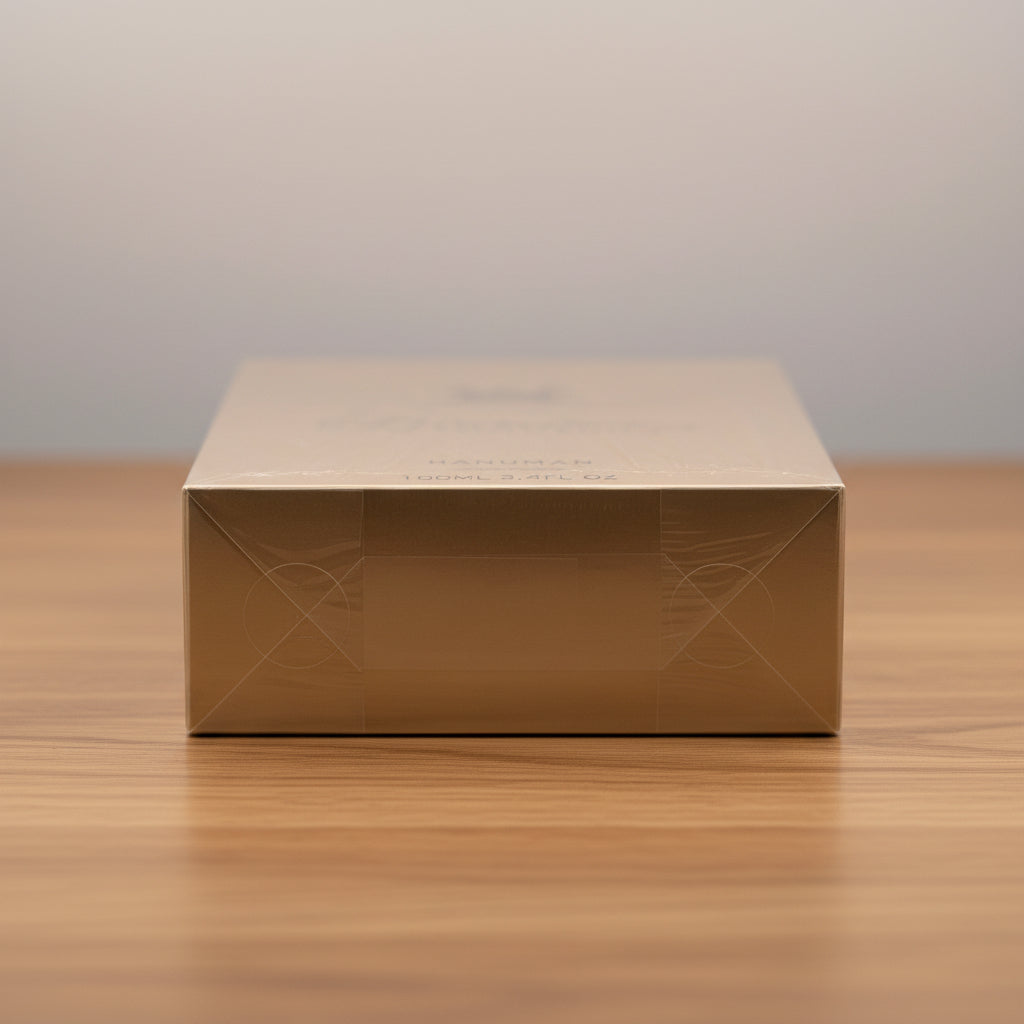 Hanuman Boadicea. Gold box with a brand logo on a white surface
