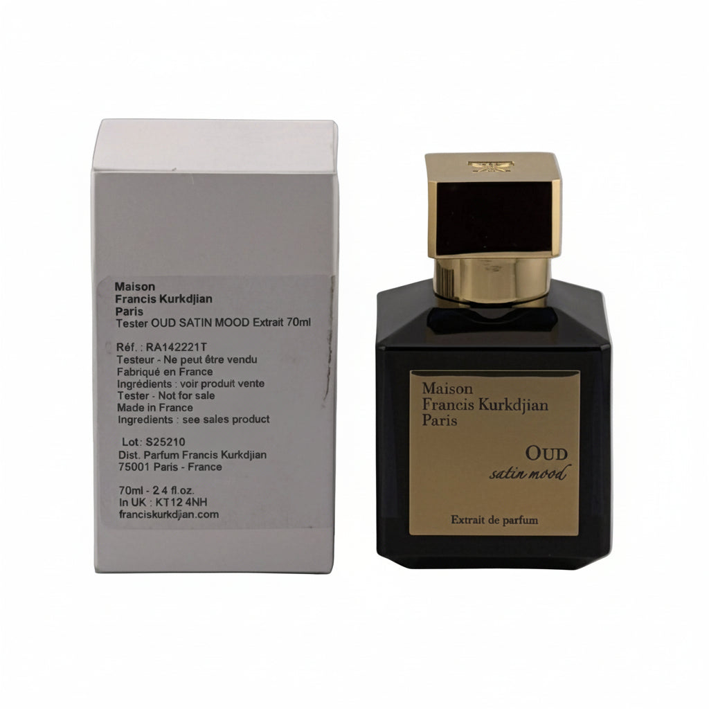 Perfume bottle and packaging of Maison Francis Kurkdjian on a gray background. Oud Satin Mood Extrait
