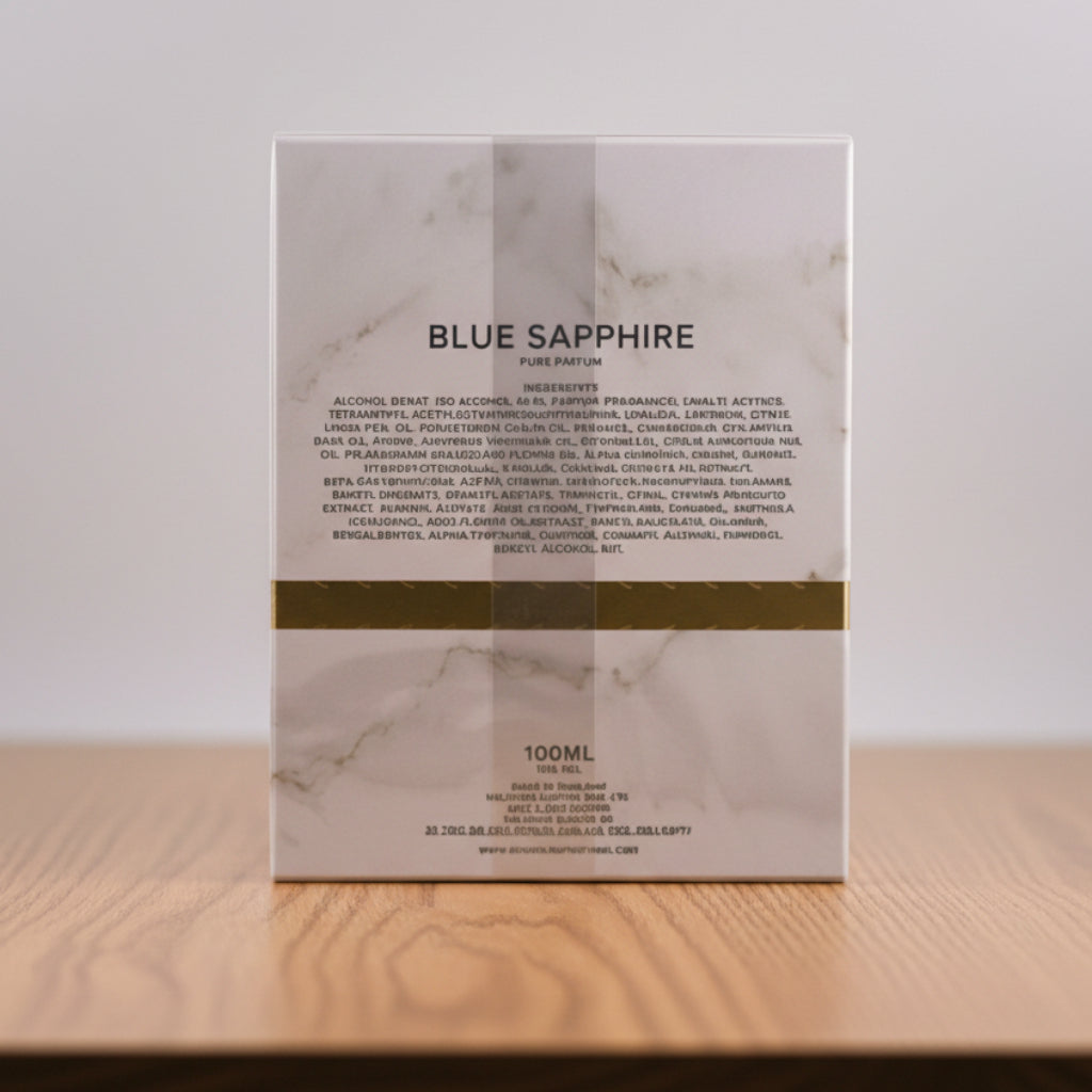 Product packaging with 'Blue Sapphire' branding on a gray background