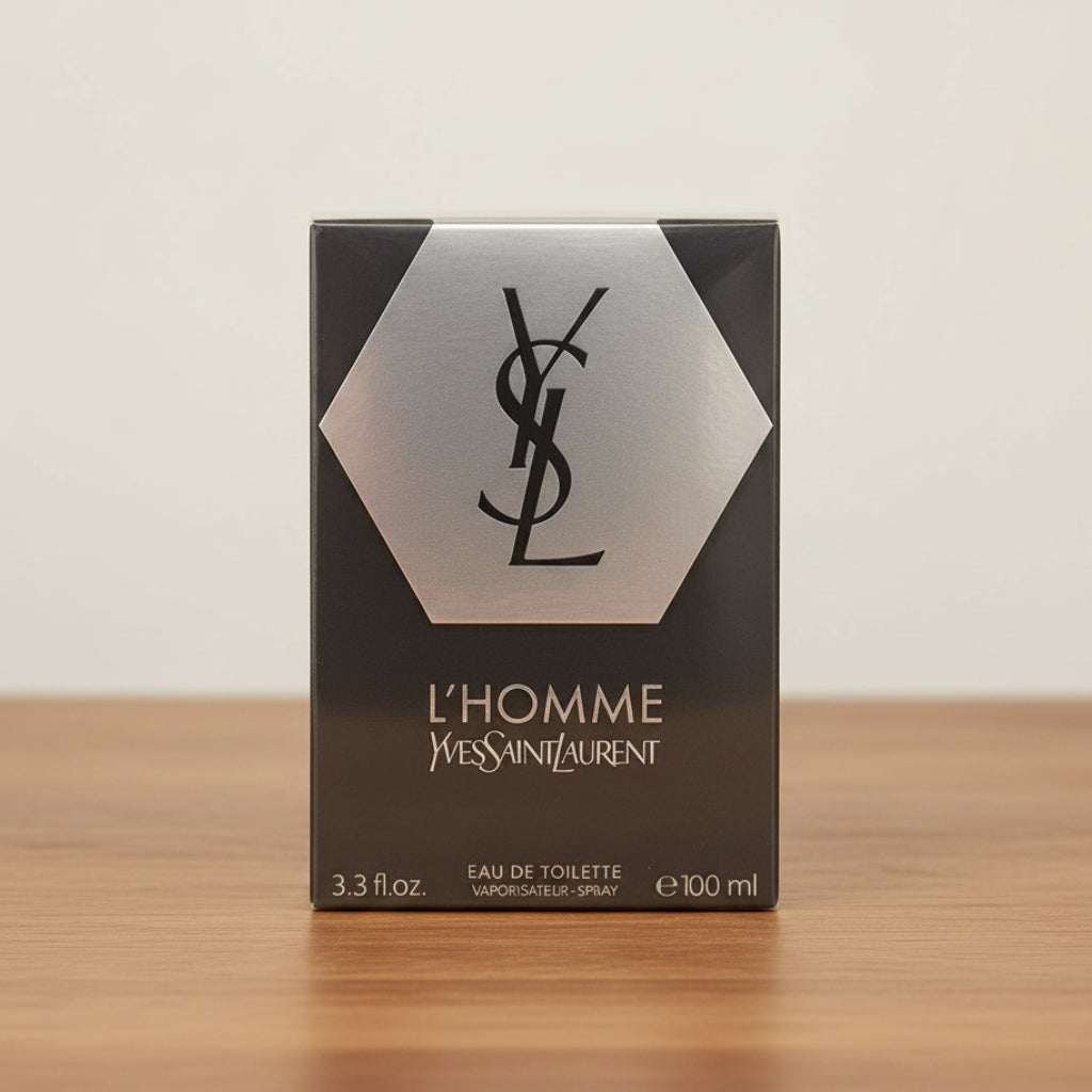 Yves Saint Laurent L'Homme Eau de Toilette 100ml box, featuring a black and white design with the iconic YSL logo.