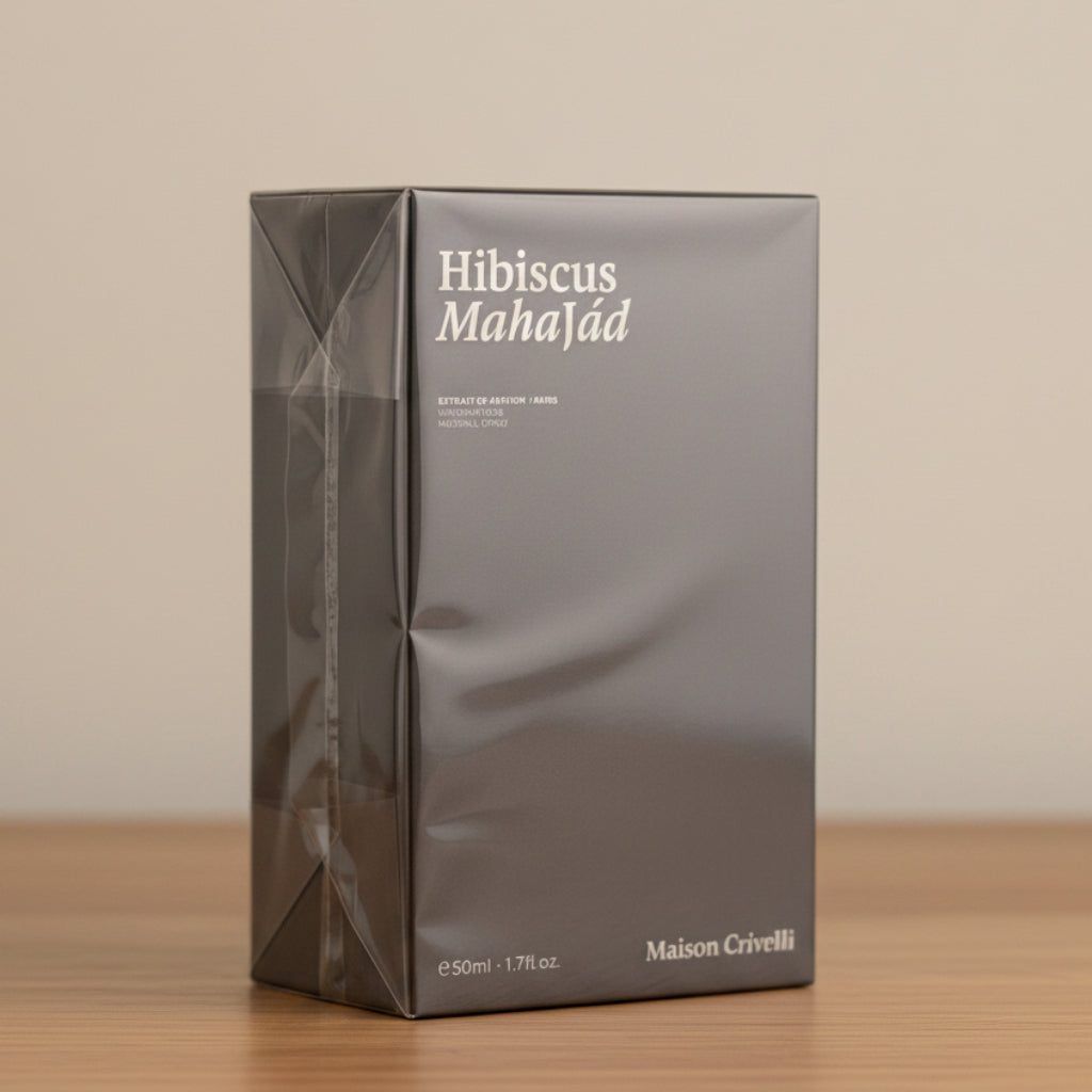 A dark gray rectangular product box standing upright on a light gray surface against a light gray background. The front of the box reads 'Hibiscus Mahajád' and 'Majmór Cristalli' in white text.