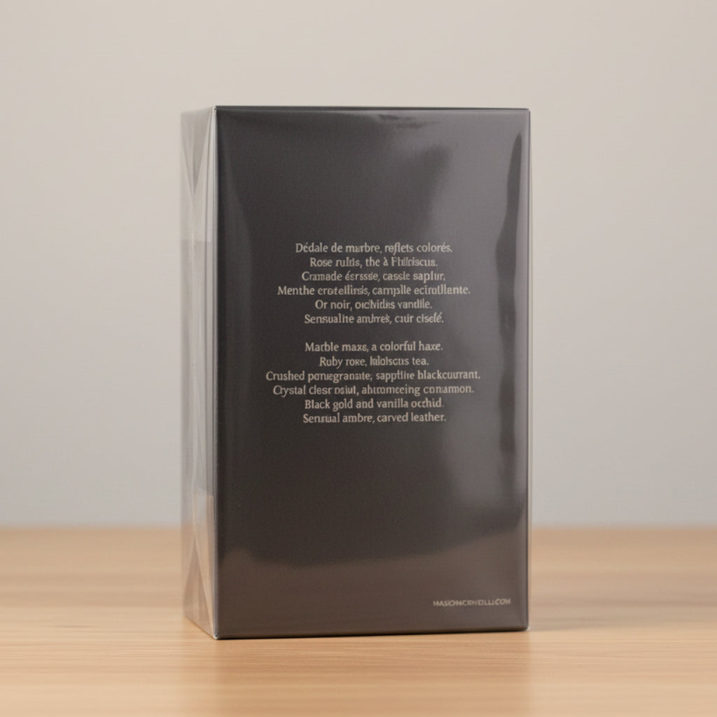 A dark gray rectangular product box wrapped in clear plastic, standing upright against a light gray background. White text is printed on the front face, and a thin dark surface is visible along the bottom edge.