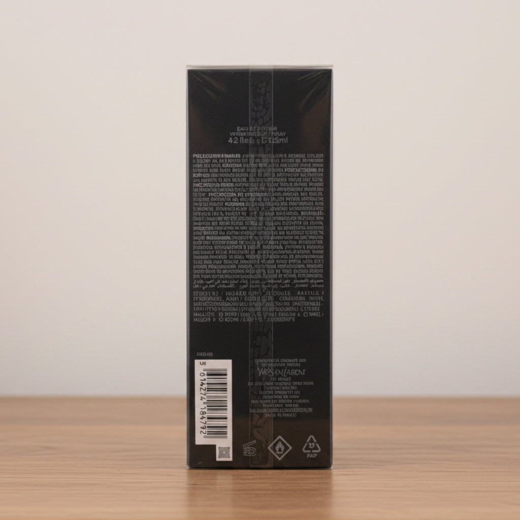 A tall, dark gray rectangular product box standing upright on a light gray background, wrapped in clear plastic with a barcode and small printed text visible on the side.