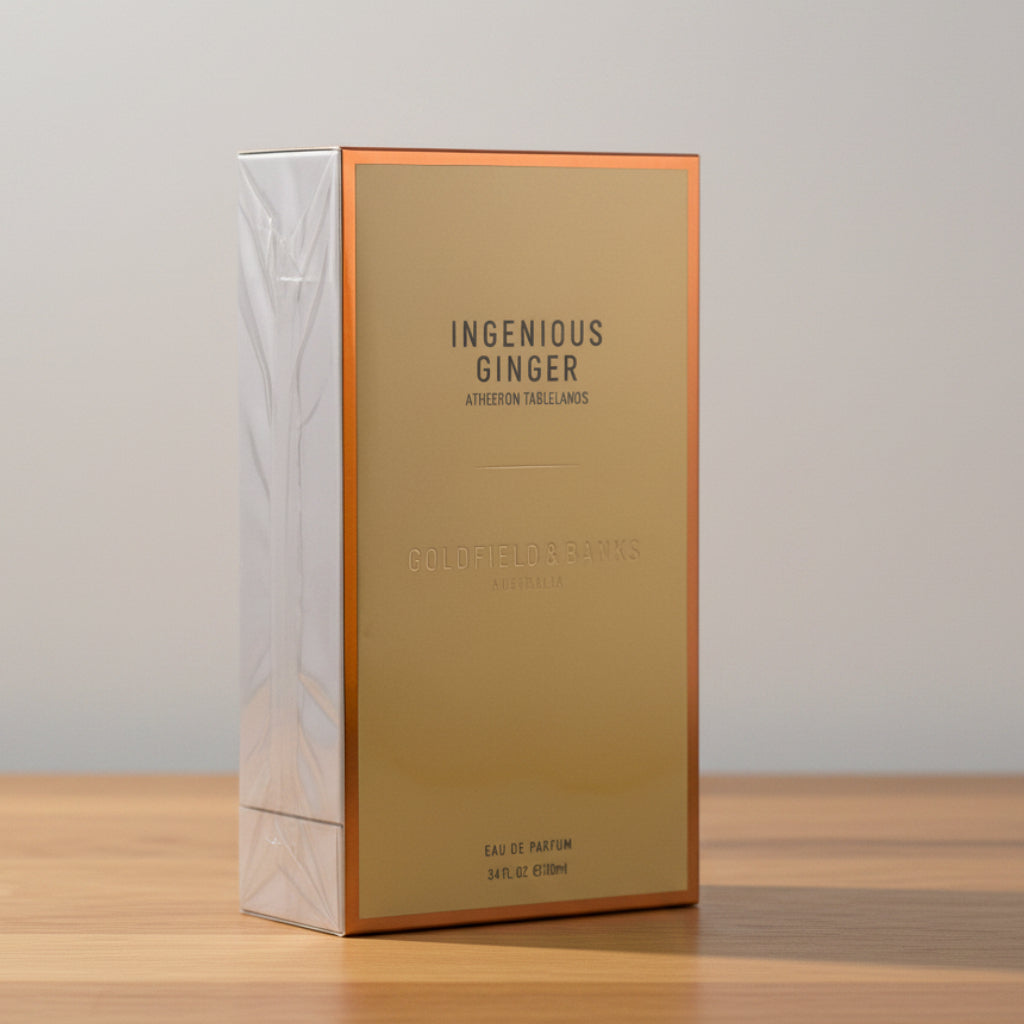 A rectangular perfume box for Ingenious Ginger Eau de Parfum, featuring a metallic gold front panel with an orange border and a clear plastic-wrapped white side, photographed against a neutral gray background.
