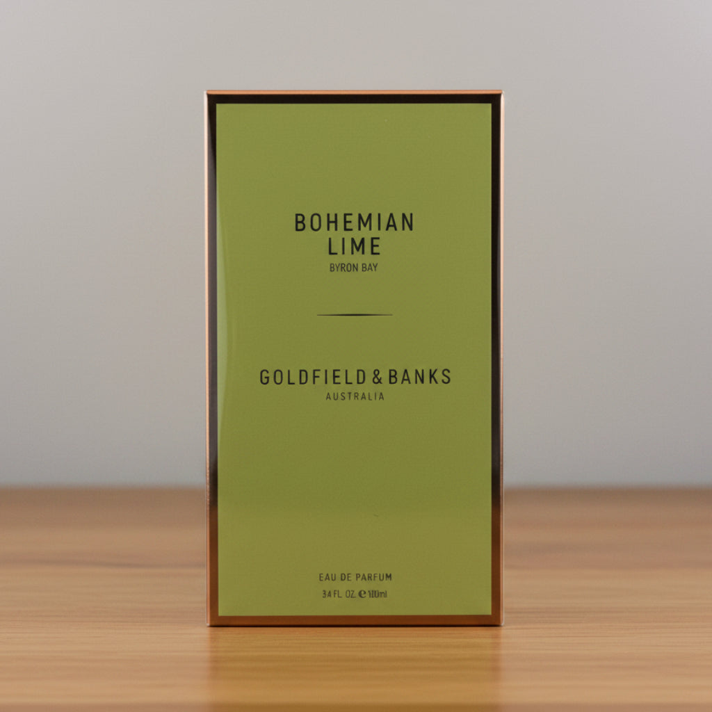 A rectangular green box for Bohemian Blend Goldfield & Banks Eau de Parfum, photographed against a plain white background.