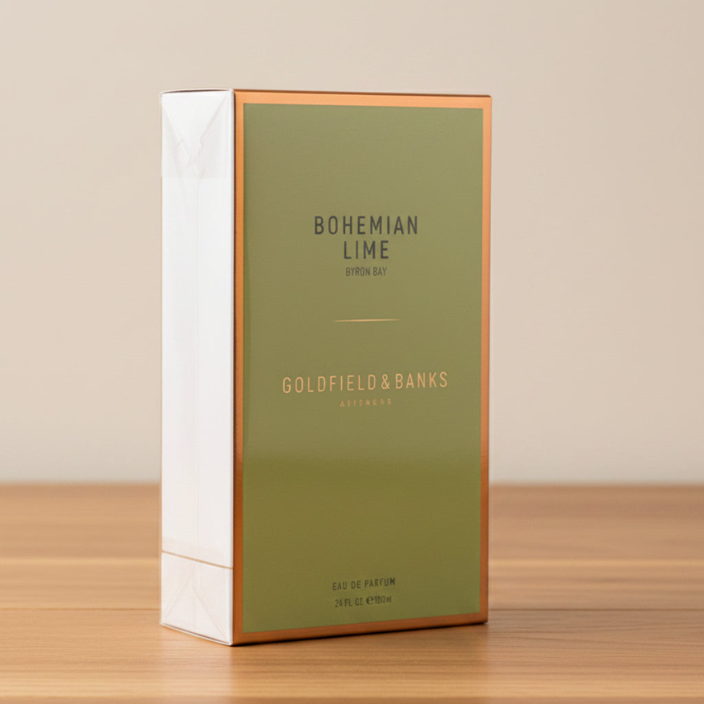 Goldfield & Benns Bohemian Lime Eau de Parfum box, featuring a light green top panel with gold foil lettering and a metallic gold border, resting on a white marble-patterned base against a neutral gray background.