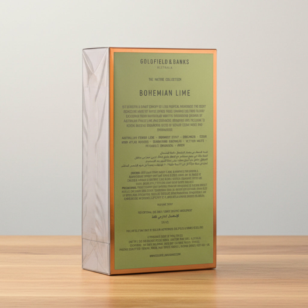 Goldfield Banks Boreman Lime perfume box packaging, featuring a light green label with black text and a thin orange border, wrapped in clear plastic on a neutral gray background.