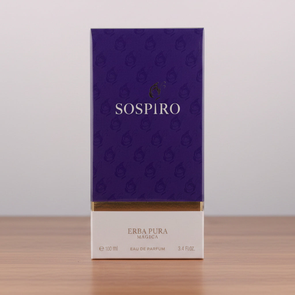 Sospiro Erba Pura Magica Eau de Parfum 100ml box, featuring a deep purple upper section with a subtle pattern and white lettering, and a white lower section.