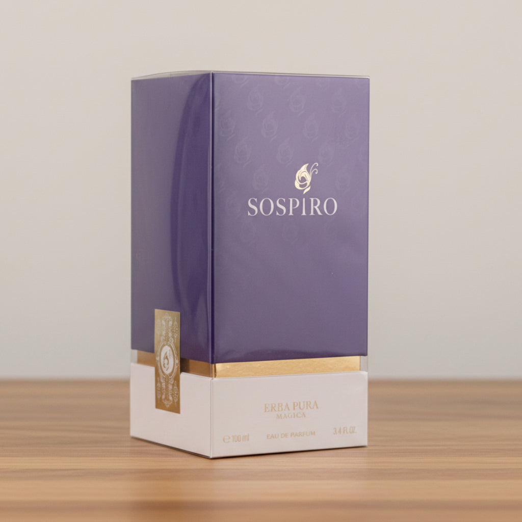 Sospiro Ebbra Pura Magic perfume box in purple and white with gold accents, shown on a light gray background.