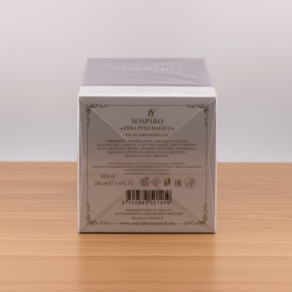 A boxed product labeled SOSPIRO ERBA PURA MAGICA, photographed against a plain light gray background. The box is mostly white with a lavender-gray top panel and decorative border details on the front.