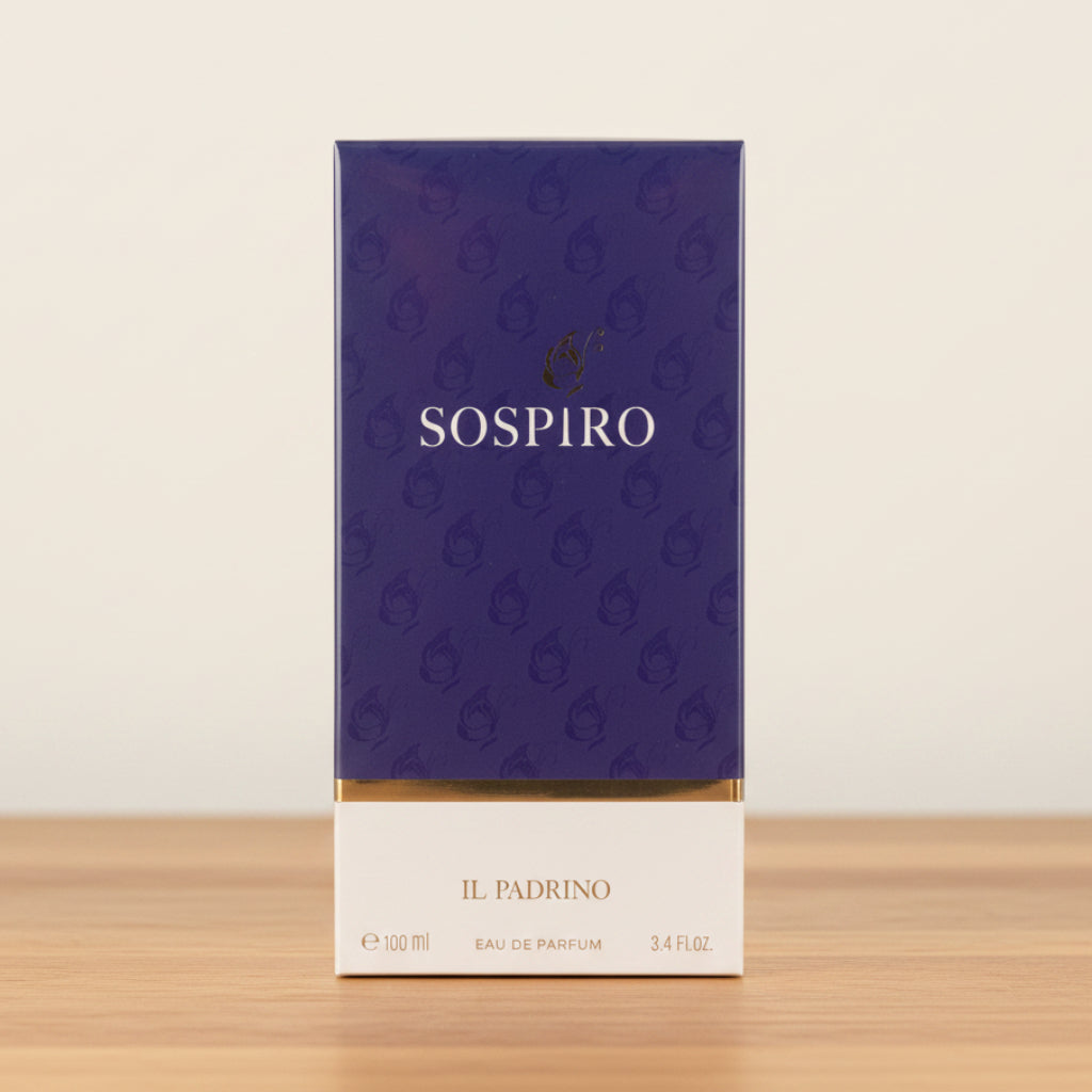 Sospiro Il Padrino Eau de Parfum box, featuring a deep purple upper section with a subtle pear pattern and white lettering, and a white lower section with gold lettering.