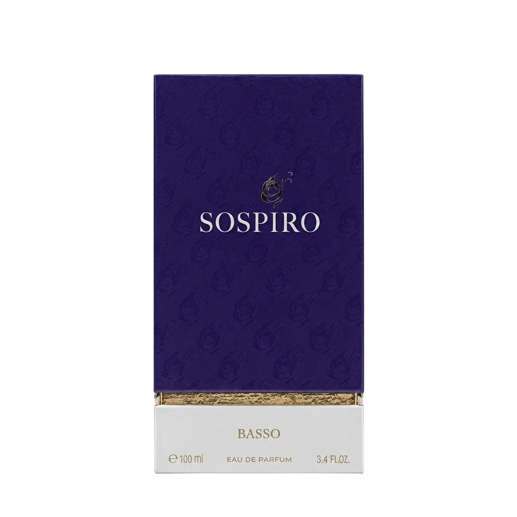 Sospiro Basso Eau de Parfum 100ml box, featuring a dark blue top half with gold lettering and a white bottom half, set against a plain light gray background.