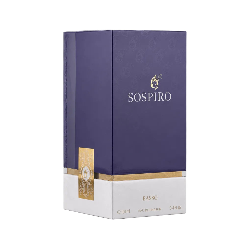SOSPIRO BASSO Eau de Parfum 3.4 fl oz box packaging, featuring a deep purple upper section with gold lettering and a white lower section with a gold band.