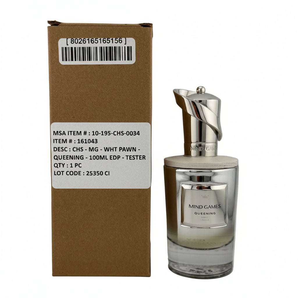 A bottle of Gucci Mind Games Eau de Parfum next to its brown cardboard packaging box with a white label, on a light gray background.