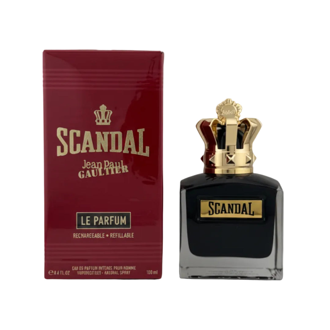 Scandal Le Parfum by Jean Paul Gaultier, shown with its dark red packaging box and the black glass perfume bottle with a gold crown cap on a light gray background.
