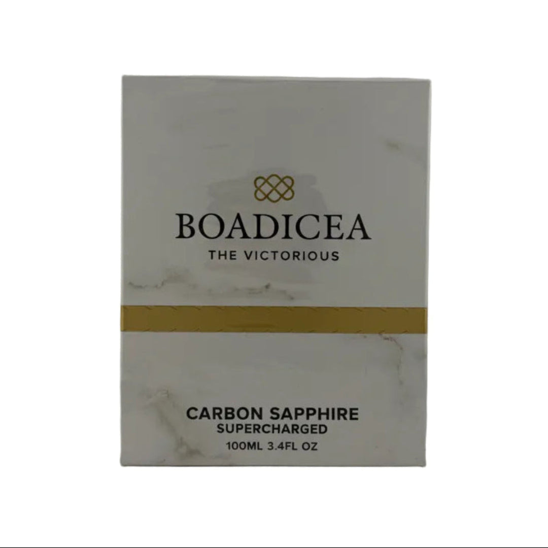 A rectangular product box for BOADICEA The Victorious Carbon Sapphire Supercharged, 100ml, standing upright against a neutral light gray background.